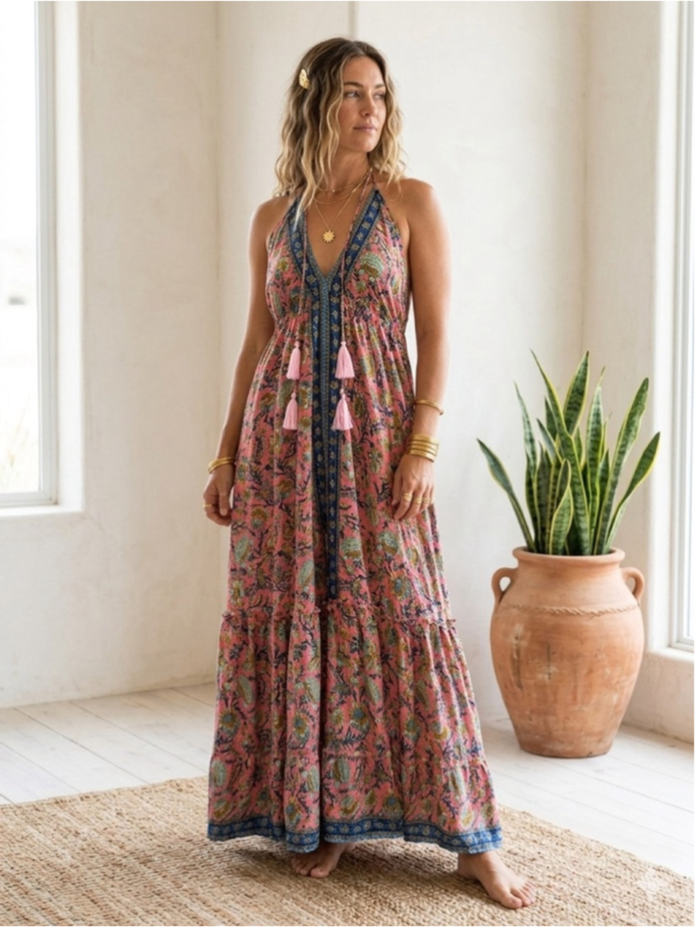 ADG Silk Blend Maxi Dress Pink Blue Floral Halter Tiered Boho Festival Glam M
